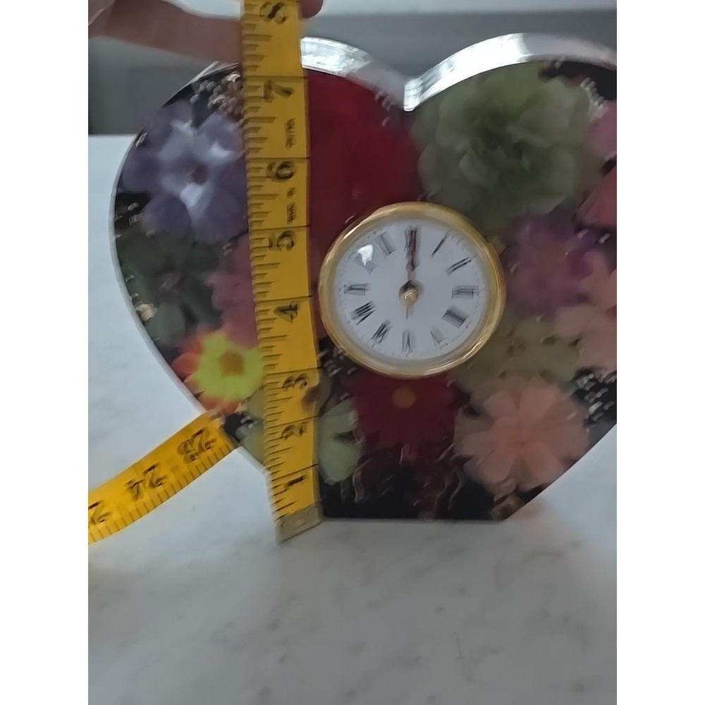Handmade Resin Desk Mantle Heart Clock Big 2 Inches Thick Flowers Pearls 734 - Picture 8 of 11
